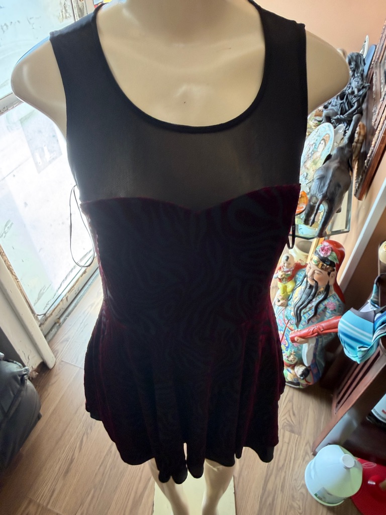 Forever 21 Black And Dark Red Velvet Skater Dress
